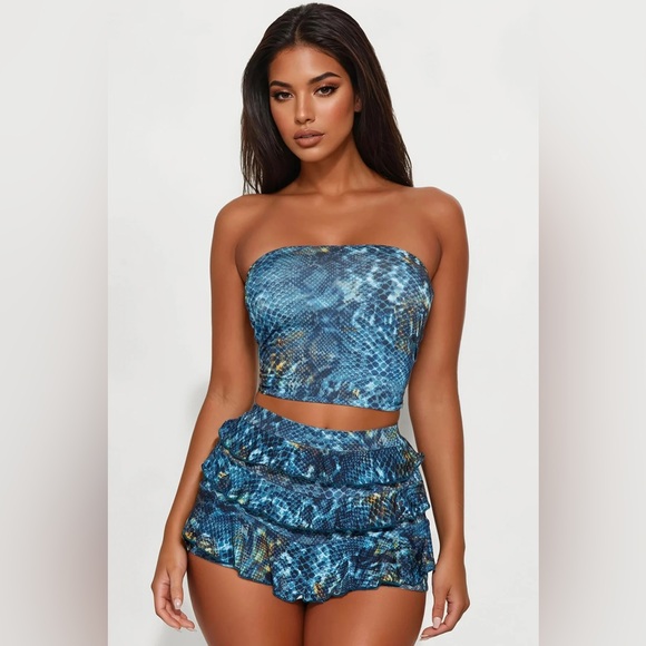Fashion Nova Pants - Fashion Nova Flirtatious Looks Mini Skort Set -Blue/combo High Waist Sz S